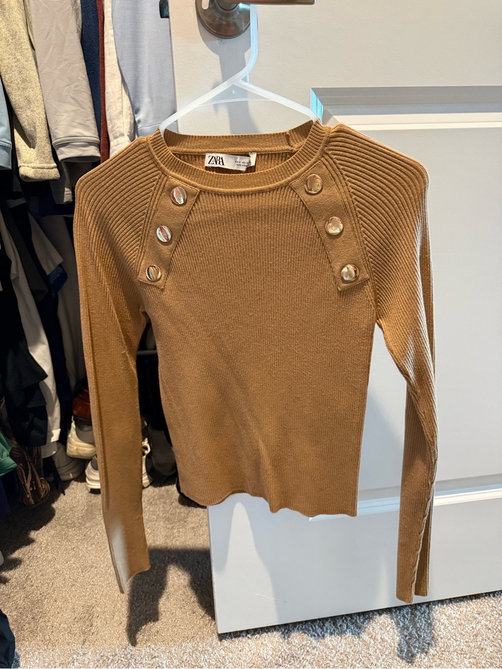 Zara Camel Ribbed Long-Sleeve Sweater with Shoulder Buttons